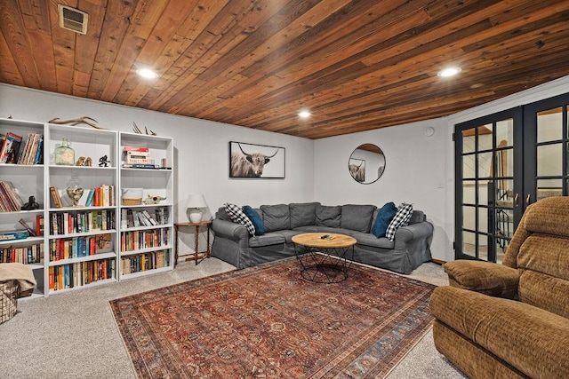 carpeted living room with recessed lighting, french doors, visible vents, and wooden ceiling