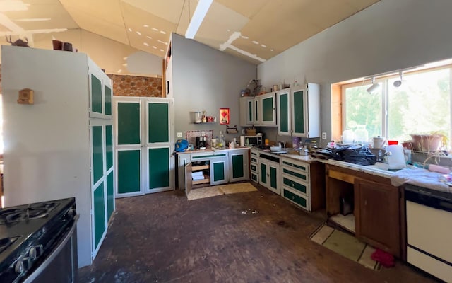 2467 Widow Rd Unit D, Colville, WA 99114 - kitchen featuring stainless steel microwave, glass insert cabinets, light countertops, black gas range, and dishwasher