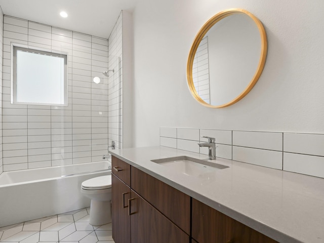 full bathroom featuring toilet, vanity, shower / bathtub combination, decorative backsplash, and tile patterned flooring