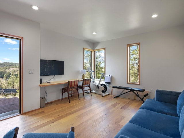 living room with recessed lighting, baseboards, and wood finished floors