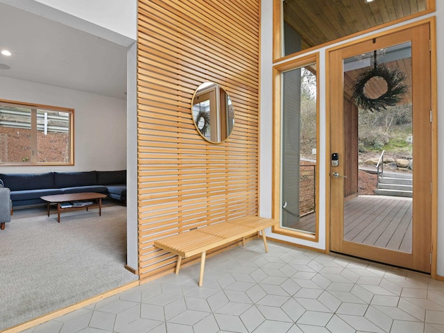 interior space with tile patterned floors and recessed lighting