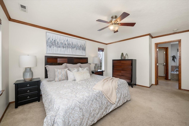 bedroom with baseboards, visible vents, ornamental molding, and light carpet