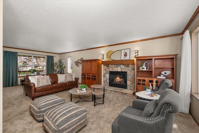 living room with carpet, ornamental molding, and a stone fireplace
