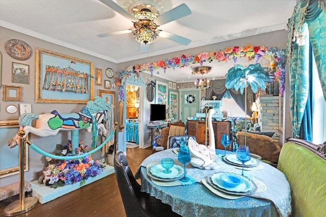 dining space with crown molding, wood finished floors, and ceiling fan