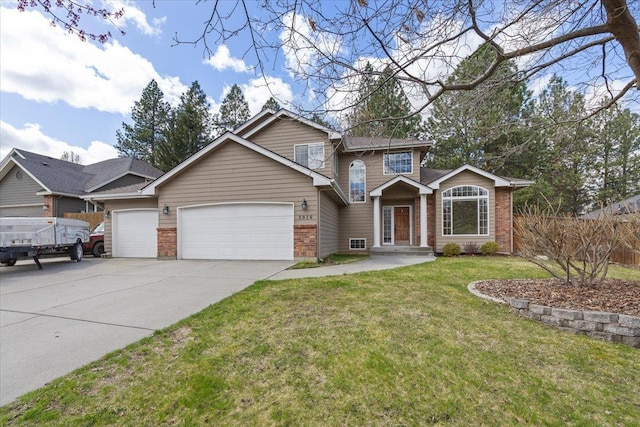 view of front facade featuring concrete driveway, an attached garage, a front yard, brick siding, and fence
