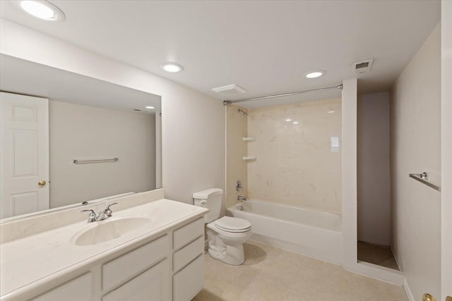 bathroom with vanity, visible vents, recessed lighting, toilet, and  shower combination