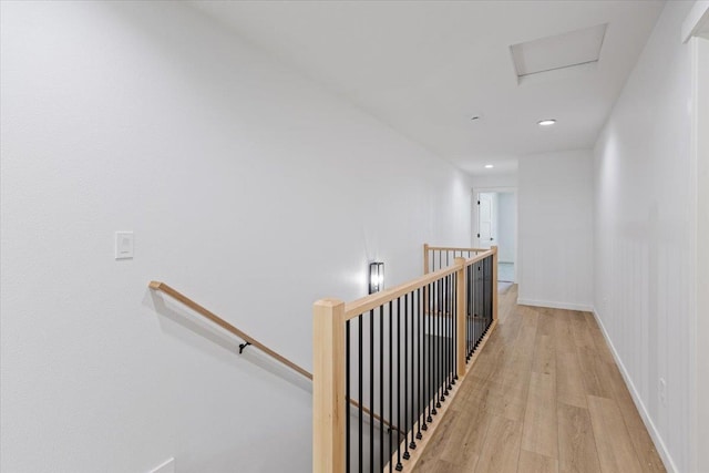1920 E 37th Ave, Spokane, WA 99203 - corridor with an upstairs landing, wood finished floors, attic access, baseboards, and recessed lighting