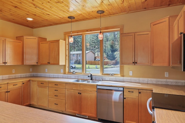 kitchen featuring a sink, light countertops, stainless steel dishwasher, and wooden ceiling