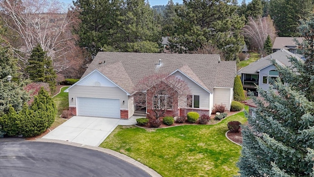 4420 E 51st Ln, Spokane, WA 99223 - view of front of property with concrete driveway, a garage, brick siding, a front lawn, and roof with shingles