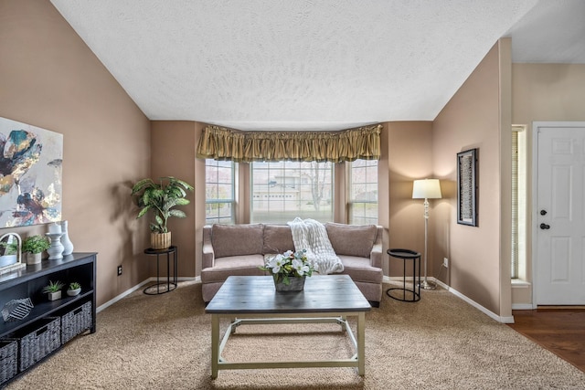 carpeted living room with a textured ceiling, baseboards, and lofted ceiling