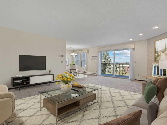 living room featuring recessed lighting, carpet, baseboards, and an inviting chandelier