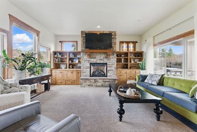 living area with carpet floors and a fireplace