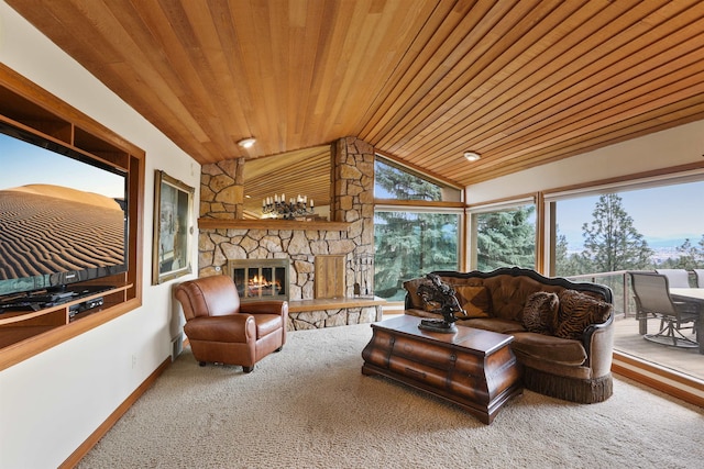 7816 E Gunning Ln, Spokane, WA 99212 - carpeted living room featuring wooden ceiling, vaulted ceiling, and a fireplace