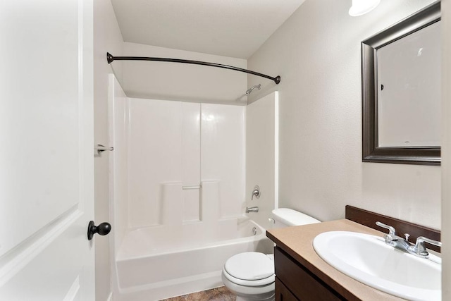 bathroom with toilet, shower / bath combination, and vanity