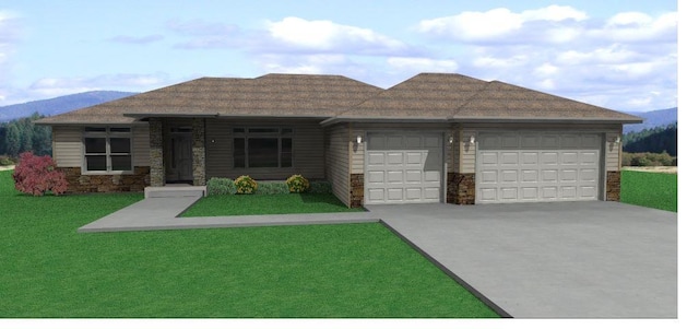 view of front of house featuring concrete driveway, a mountain view, stone siding, an attached garage, and a front yard