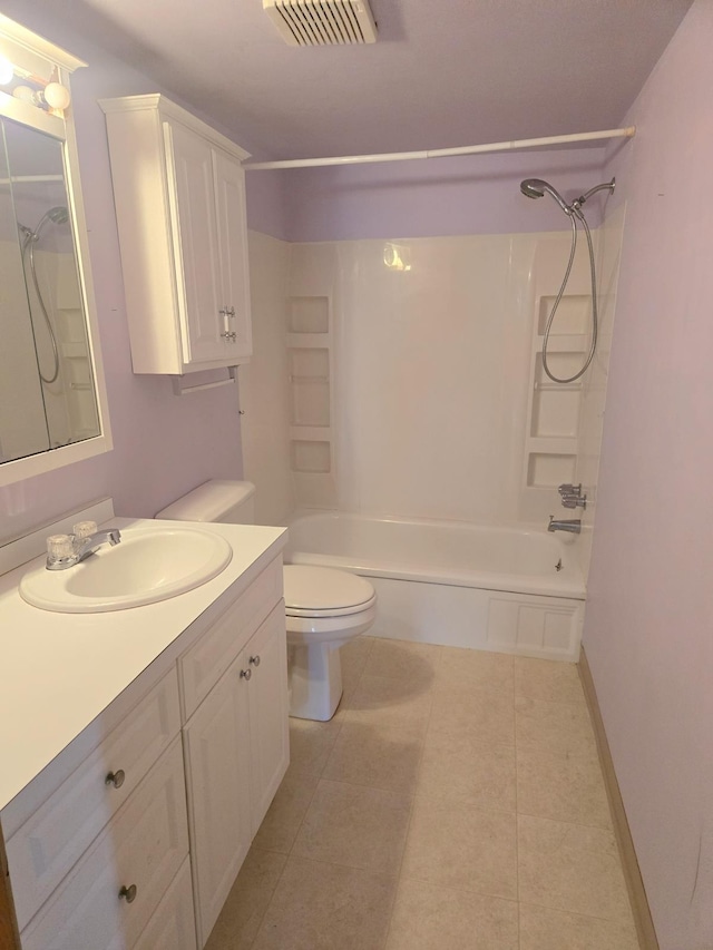 full bathroom with tile patterned floors, bathing tub / shower combination, toilet, visible vents, and vanity