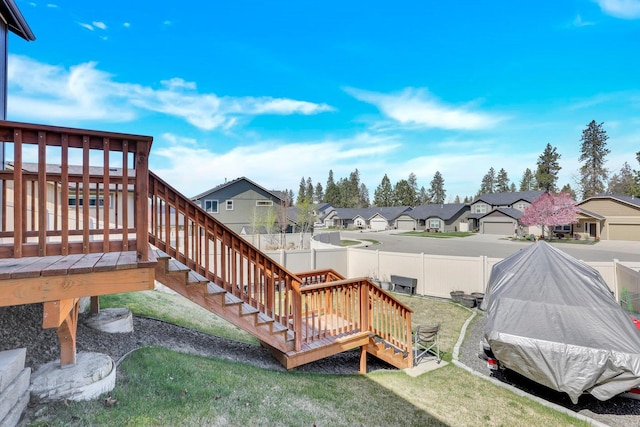 7407 E Beverly Ave, Spokane Valley, WA 99212 - view of yard featuring a residential view, stairway, and a wooden deck
