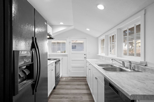 219 F St, Cheney, WA 99004 - kitchen featuring black appliances, a sink, under cabinet range hood, lofted ceiling, and dark wood-style flooring