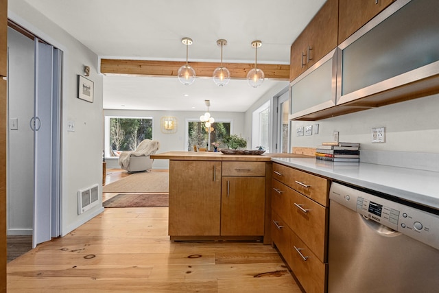 4167 Grouse Creek Rd, Loon Lake, WA 99148 - kitchen featuring a peninsula, light wood-style flooring, light countertops, visible vents, and stainless steel dishwasher