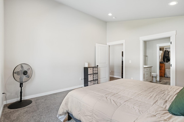 bedroom with recessed lighting, lofted ceiling, and baseboards