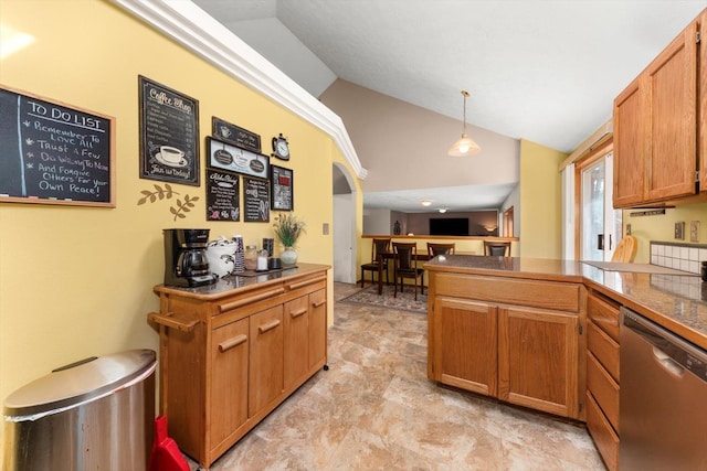 5905 W Excell Ave, Spokane, WA 99208 - kitchen with hanging light fixtures, arched walkways, a peninsula, stainless steel dishwasher, and lofted ceiling