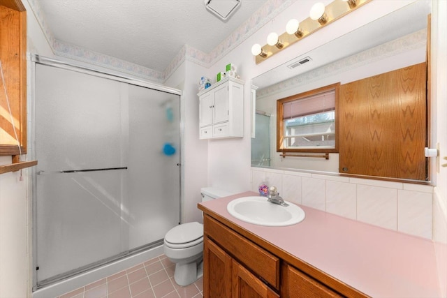 5905 W Excell Ave, Spokane, WA 99208 - full bathroom with a textured ceiling, vanity, visible vents, toilet, and a stall shower