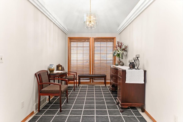 5905 W Excell Ave, Spokane, WA 99208 - sitting room featuring a chandelier, dark colored carpet, visible vents, and baseboards
