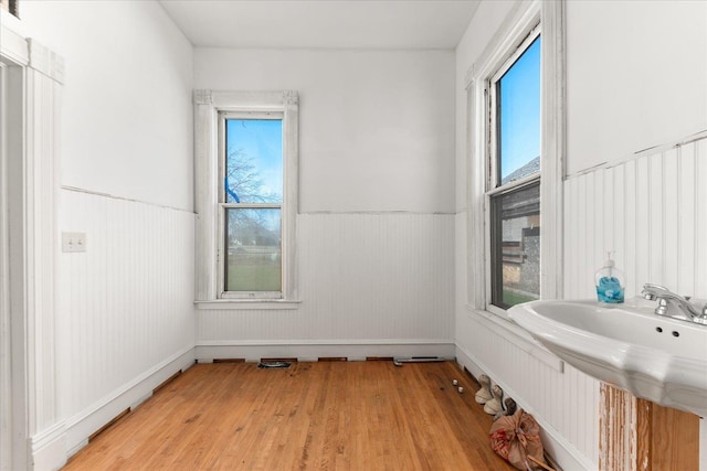 bathroom with plenty of natural light, a wainscoted wall, and wood finished floors