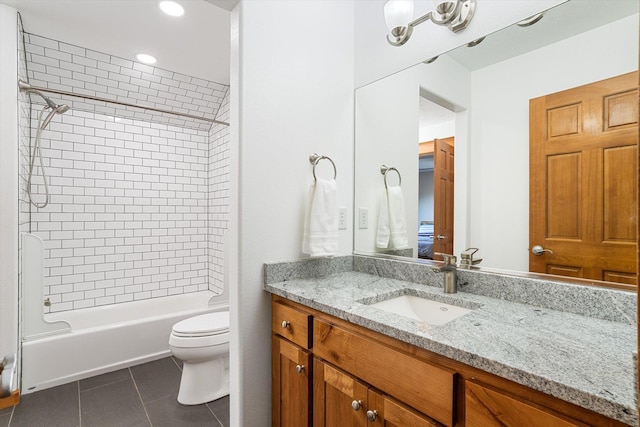 bathroom with washtub / shower combination, toilet, recessed lighting, vanity, and tile patterned floors