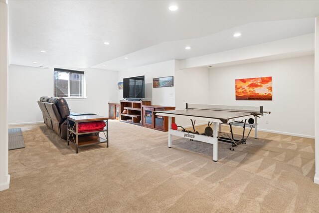 playroom featuring recessed lighting, light colored carpet, and baseboards