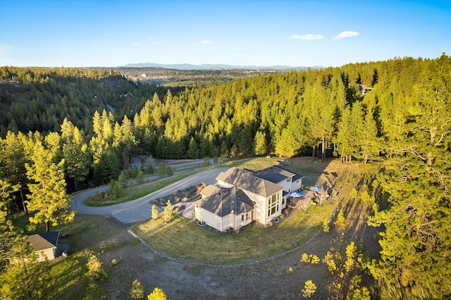 drone / aerial view with a mountain view and a view of trees
