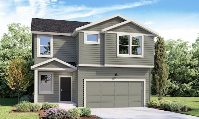 view of front of house with an attached garage, a shingled roof, a front lawn, and concrete driveway