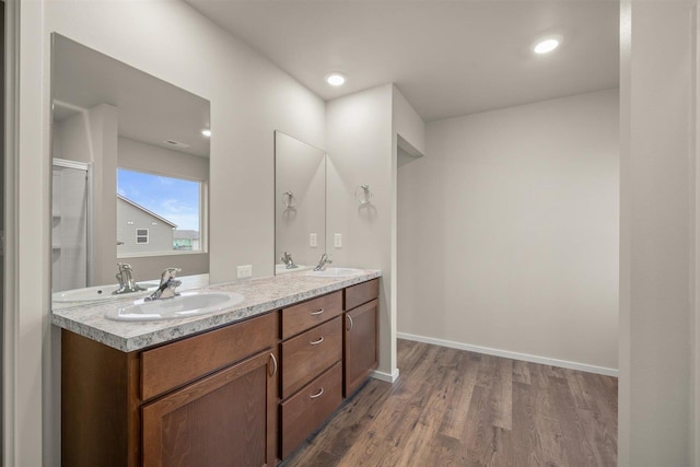 bathroom featuring wood finished floors, double vanity, and a sink