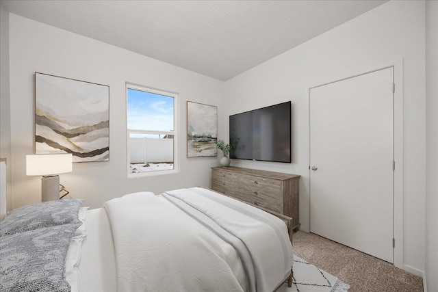bedroom with light colored carpet