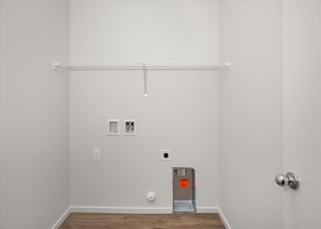 laundry room with electric dryer hookup, baseboards, washer hookup, laundry area, and wood finished floors