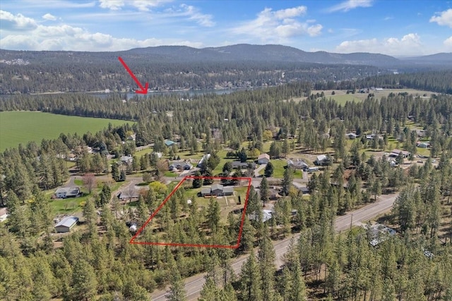 16409 N Birdie Rd, Nine Mile Falls, WA 99026 - view of property location with a heavily wooded area, property boundaries highlighted, and a mountainous background