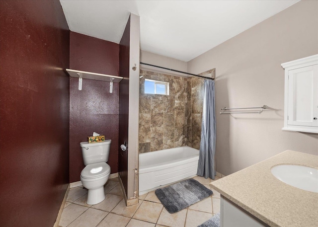 full bathroom with toilet, tile patterned floors, shower / tub combo, and vanity