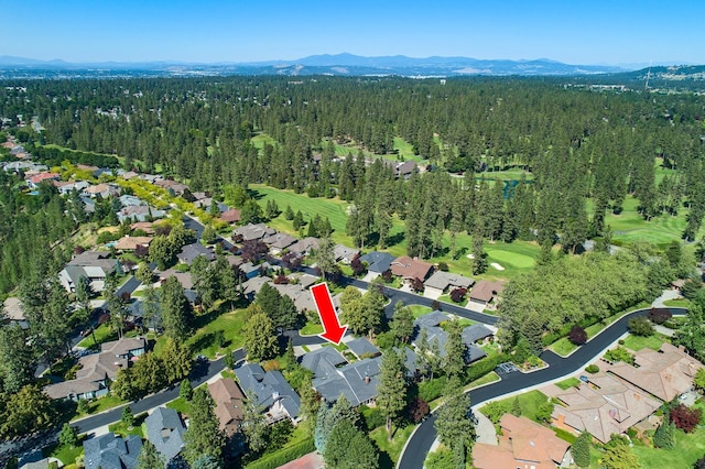 drone / aerial view featuring a forest view, a mountain view, and a residential view