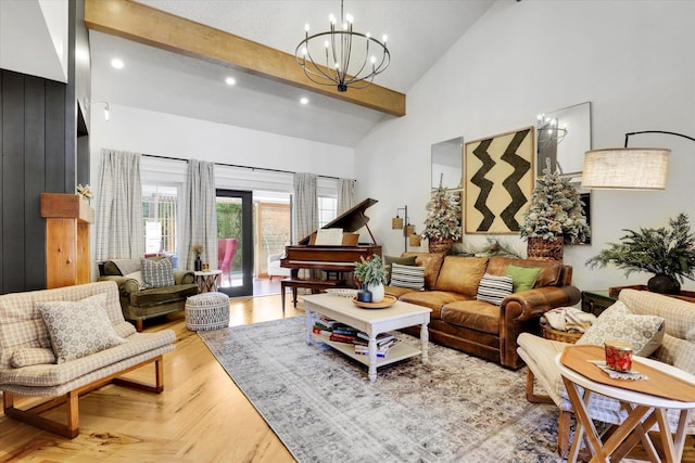 living area with a chandelier, high vaulted ceiling, beamed ceiling, and recessed lighting