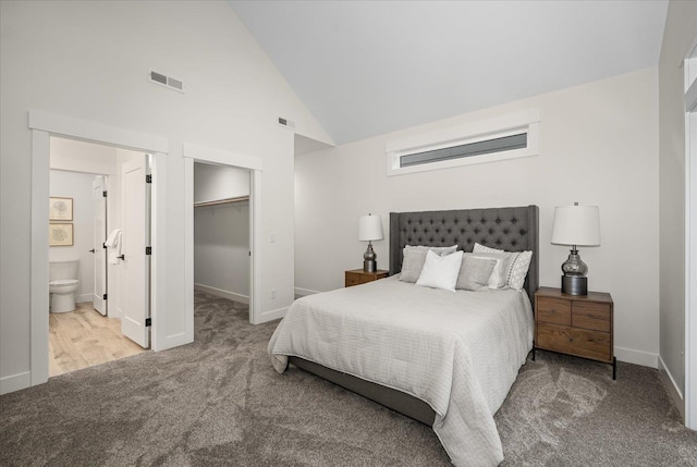 3022 S Manito Blvd, Spokane, WA 99203 - carpeted bedroom featuring high vaulted ceiling, baseboards, ensuite bath, and visible vents