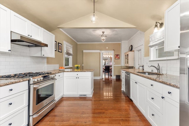 kitchen with a sink, stainless steel appliances, white cabinetry, a peninsula, and under cabinet range hood