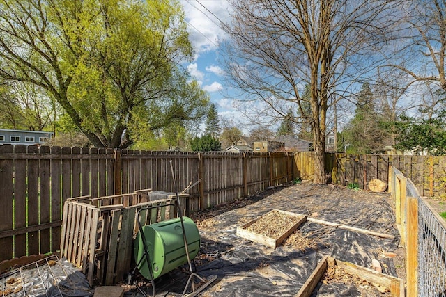 view of yard featuring a vegetable garden and a fenced backyard