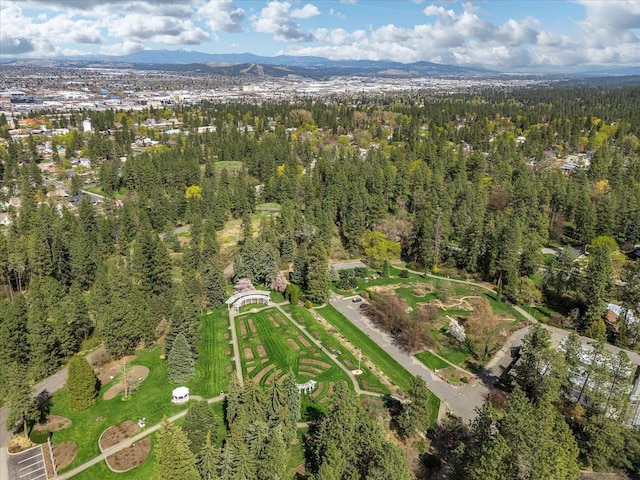 bird's eye view with a forest view and a mountain view