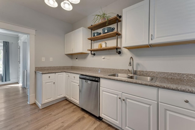 1303 E Rich Ave, Spokane, WA 99207 - kitchen with dishwasher, white cabinets, a sink, and light wood-style floors