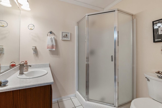 6901 W Depot Springs Rd, Cheney, WA 99004 - bathroom with tile patterned floors, toilet, vanity, ornamental molding, and a stall shower
