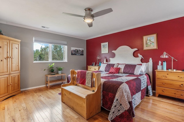 6901 W Depot Springs Rd, Cheney, WA 99004 - bedroom featuring light wood-type flooring, ceiling fan, baseboards, ornamental molding, and visible vents
