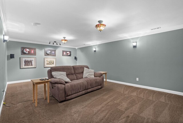 112 S Holiday Rd, Spokane Valley, WA 99016 - living room featuring carpet flooring, baseboards, visible vents, and ornamental molding