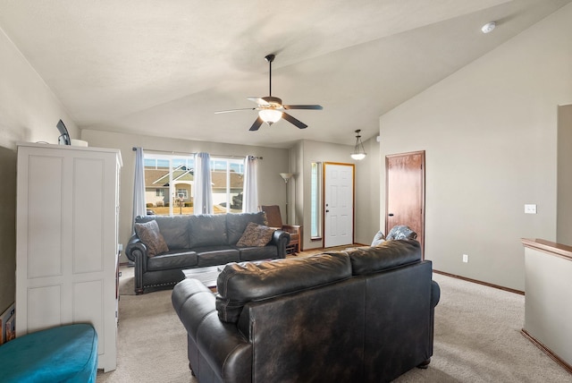 112 S Holiday Rd, Spokane Valley, WA 99016 - living area featuring vaulted ceiling, baseboards, light colored carpet, and a ceiling fan
