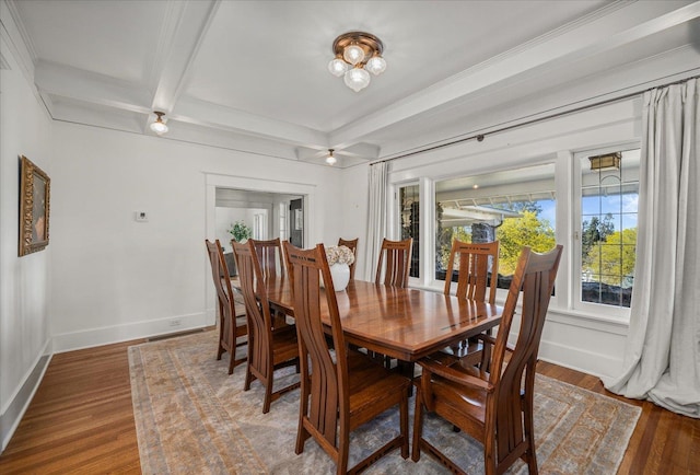 530 E 11th Ave, Spokane, WA 99202 - dining room with baseboards, coffered ceiling, beam ceiling, and wood finished floors