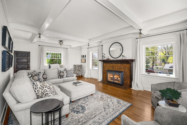 530 E 11th Ave, Spokane, WA 99202 - living room featuring baseboards, wood finished floors, a high end fireplace, beamed ceiling, and coffered ceiling